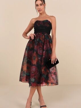 Lulu's Strapless Floral Midi Dress in Multicolor